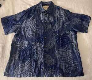 Island Republic Blue Palm Leaf Short Sleeve Silk Linen Camp Shirt XL